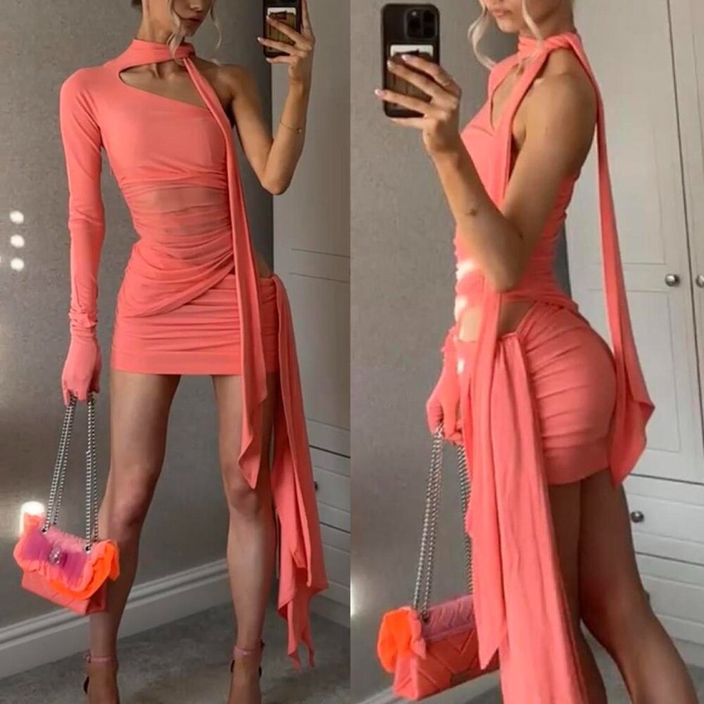 Mugler H&M Collector's Edition Knot-detail One-shoulder Dress Pink Size L NWT